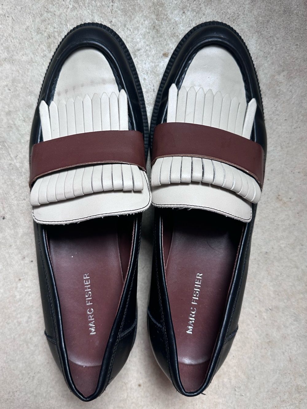 Marc Fisher Colorblock Kiltie Loafers Black Cream Brown Size Women’s 11M Preppy - Picture 10 of 11